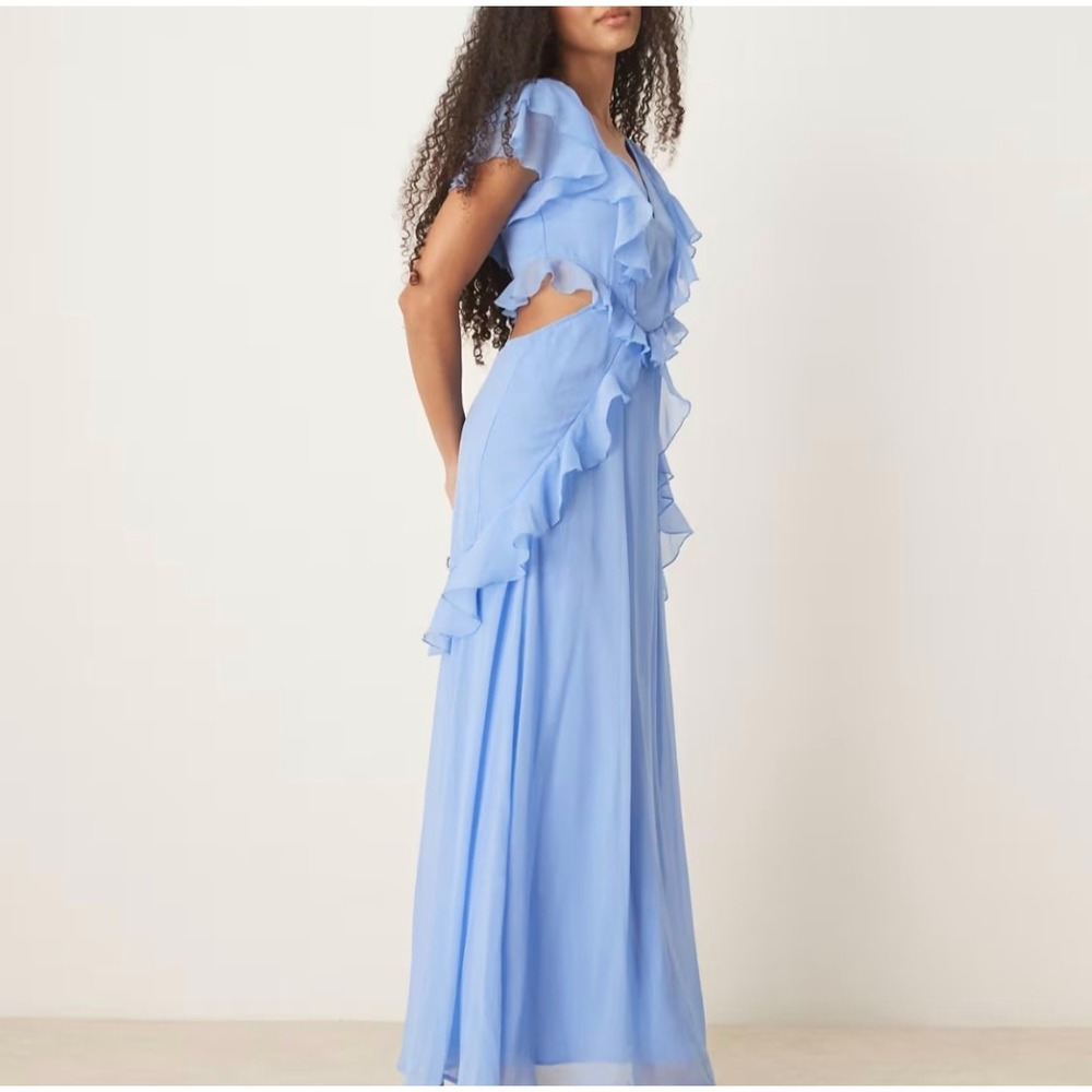 ASOS DESIGN Curve Blue Ruffle Cut Out Maxi Dress US 26 Plus Size Formal Gown